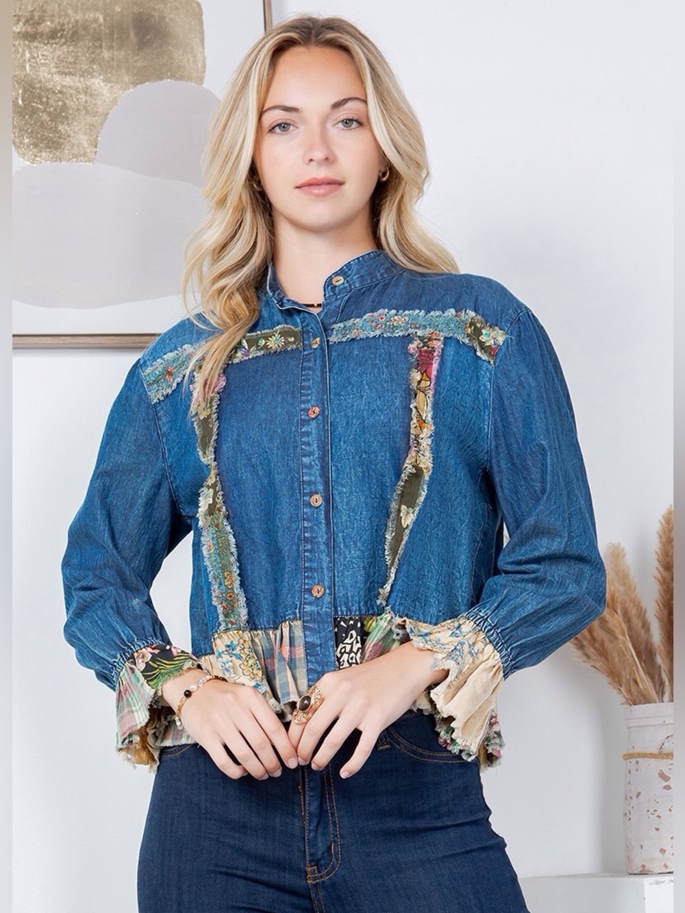 YOUNG THREADS NWT Jacket denim Boho Print Size Large